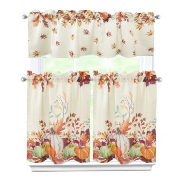 Imagem de Zifmrtrwn Cortinas de cozinha de outono, conjunto de 3 peças, cortinas de folhas de bordo de abóbora, saia e camadas para cozinha, casa, interior, café, 91 cm, cortina de janela curta sobre a pia