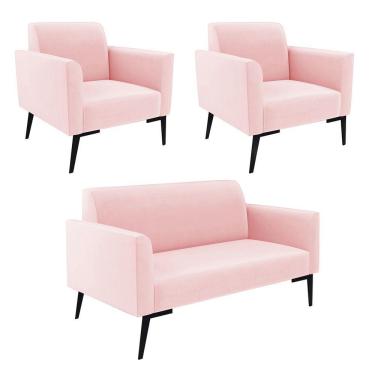 Imagem de Sofá Namoradeira Com 2 Poltronas Pés Villach Marisa Suede D03 - D\'rossi Cor Rosa Bebê