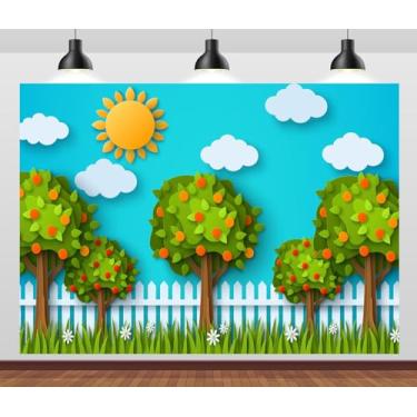 Imagem de CORFOTO Pano de fundo de árvores frutíferas com desenho animado 2,1 x 1,5 m, cenário de colheita rural para decoração de festa de aniversário temática de fazenda, adereços de fotos artísticas para