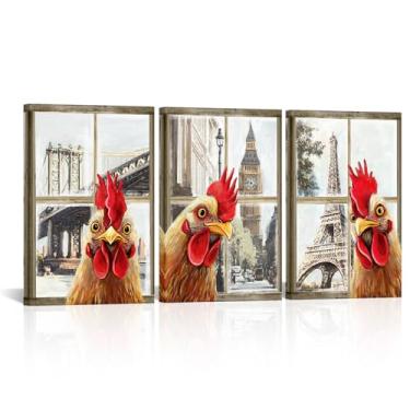 Imagem de WELMECO Decoração de parede de galo viagem pelo mundo pintura de galinhas engraçadas casa de fazenda sala de estar quarto escritório impressões de arte de animais, emoldurado pronto para pendurar 40 x