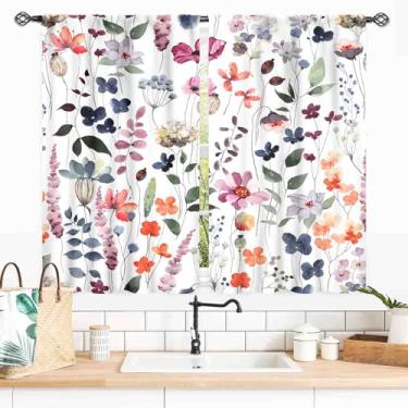 Imagem de Cortinas florais, aquarela, flores silvestres, primavera, rosa, plantas, botânicas, estéticas, rústicas, coloridas para janela, para sala de estar, quarto, cozinha, banheiro, 2 painéis, 139 x 99 cm