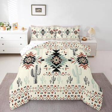 Imagem de Feelyou Conjunto de cama cáqui asteca do sudoeste, geométrico, vintage, tamanho casal, rústico, cacto ocidental, boêmio, tribal, edredom para mulheres, decoração de quarto com 2 fronhas, 3 peças