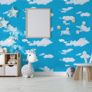 Imagem de Céu azul e nuvens brancas quarto infantil papel de parede autoadesivo PVC escritório quarto loja fundo parede céu azul e nuvens brancas 45 * 500 cm