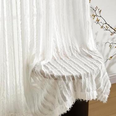 Imagem de Cortinas transparentes com filtragem de luz para sala de estar, 248 cm de comprimento, cortinas brancas semitransparentes, cortinas de tule listradas com 2 painéis
