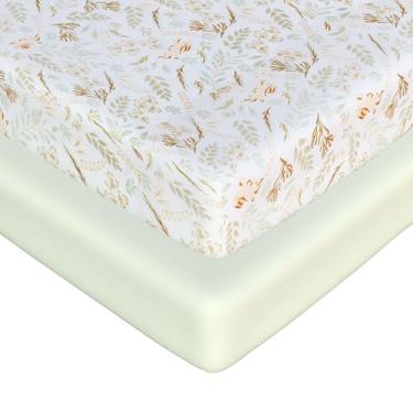 Imagem de Pacote com 2 mini lençóis de berço – Pacote de algodão jersey e lençóis de brincar, 68,6 cm x 99,1 cm, serve para colchão Graco Pack n Play, lençóis macios para cercadinho Oeko-tex (pacote verde e