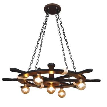 Imagem de Luminária Náutica Timão de Veleiro Pequeno – MDF com Detalhes em Corda Sisal – Bocal E-27 (Marrom, Grande)