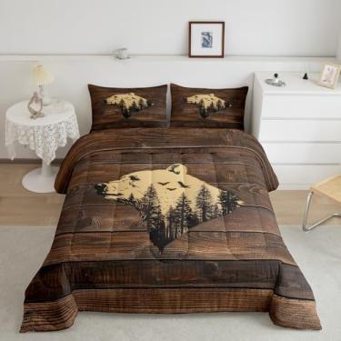 Imagem de Feelyou Jogo de cama casal com urso, animal selvagem, para meninos, meninas, adolescentes, cabana rústica, campo, conjunto de edredom marrom escuro, respirável, macio e leve de microfibra