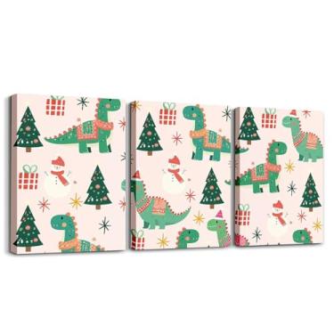 Imagem de jejeloiu Arte de parede em tela infantil de Natal para sala de estar quarto desenho animado dinossauro imagem decoração de parede para banheiro árvore de Natal meninos meninas arte pôsteres desenho