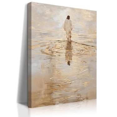 Imagem de Aroutde Jesus Cristo andando sobre a água tela emoldurada arte de parede religiosa cristã moderna decoração de parede espiritual para sala de oração sala de estar quarto (30 x 40 cm)