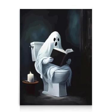 Imagem de Dazzlewall Impressão de arte de parede de fantasma engraçado, leitura de fantasma gótico no banheiro, decoração assustadora de Halloween para parede de galeria de banheiro, 30 x 40 cm, sem moldura