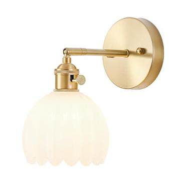 Imagem de LINSEEDS Arandela de parede com fio, arandela de parede vintage com interruptor, luminária de parede dourada com abajur de vidro branco de leite de tulipa, luz de parede interna para quarto, banheiro