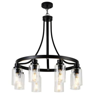 Imagem de LIGOTFIRE 8 lustres de luz para sala de jantar iluminação linear de ilha de cozinha com persianas retangulares de vidro transparente, luminária pendente moderna preta para cozinha, sala de jantar