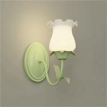 Imagem de WLHAZMWY Lâmpada de parede moderna verde dupla flor E27 Arandela de parede de vidro fosco iluminação interna com fio para quarto sala de estar (1 luz)