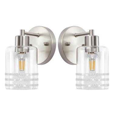 Imagem de YYT Arandelas de parede, conjunto de duas luminárias de níquel escovado, 1 arandelas de banheiro conjunto de 2 arandelas de banheiro modernas para interior com sombra de vidro transparente para quarto