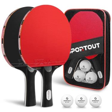 Imagem de Sportout Conjuntos de raquete de tênis de mesa portátil com bolas, estojo de armazenamento, raquete de tênis de mesa premium para jogos internos e externos (preto)