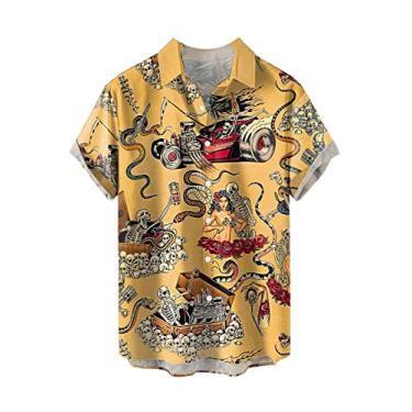 Imagem de Camisa De Verão Masculina Retrô Caveira Pirata Manga Curta Camisas De Lapela Botão Regular Camisa De Praia Casual Havaiano Tops, # 7, 4XL