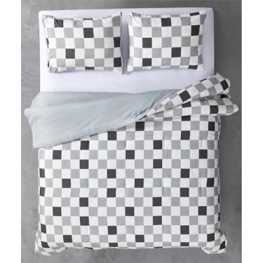 Imagem de Urban Lifestyle Conjunto de edredom Queen de 3 peças, estampa moderna de xadrez reversível preto e cinza com 2 fronhas, roupa de cama de microfibra macia para adolescentes, dormitórios, quarto de