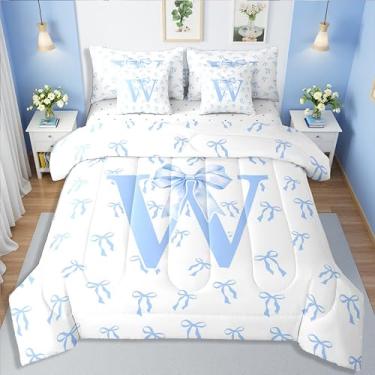 Imagem de Erosebridal Conjunto de edredom com letra W com 7 peças, fita sonhadora, laços, cama em uma bolsa, romântico, azul, estética, conjunto de cama casal para crianças, meninas, adolescentes