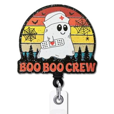 Imagem de YAZMEEN Presentes engraçados de carretel de crachá de fantasma de Halloween - Boo Boo Crew - Porta-crachá retrátil com clipe - Suporte de cartão de identificação acrílico com glitter preto - Presentes