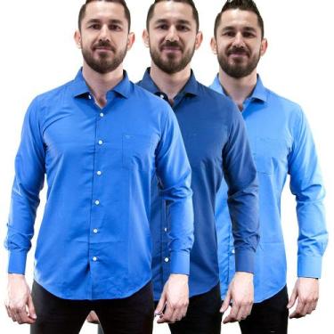 Imagem de Kit 3 Camisas Social Masculina Lisa Manga Longa Camisaria Colombo, Azu