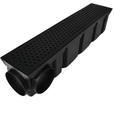 Imagem de Ralo Quintal 10x50 Preto Fosco Aço Perfurado Coletor Saídas 75mm Borda