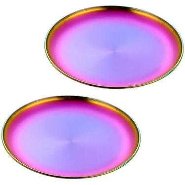 Imagem de Conjuntos de assadeiras redondas para pizza, pratos escovados reutilizáveis - pratos redondos de 23 cm, uso para bife de churrasco, conjunto de 2