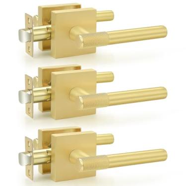 Imagem de Probrico Maçaneta de porta de passagem dourada escovada, maçanetas quadradas sem chave serrilhadas, reversíveis para armário e corredor, pacote com 3