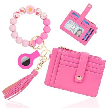 Imagem de Sunpour Chaveiro de pulso com carteira, porta-cartão RFID com AirTag, pulseira de contas de silicone impressa e bolsa de moedas, rosa, 0.3*4.97*3.6
