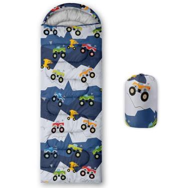 Imagem de QOOMO Sacos de dormir de campismo impressos em camião, 3 estações, clima quente e frio, leve, sacos de dormir à prova d'água para adultos e crianças, viagens e ao ar livre, equipamento de acampamento
