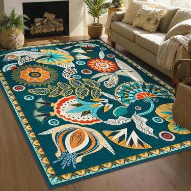 Imagem de Joydeco Tapetes florais egípcios laváveis à máquina para sala de estar, 12 x 18 cm, boho vintage, verde-escuro, tapete para quarto de bebê, tapete ultrafino antiderrapante para sala de jogos, sala de