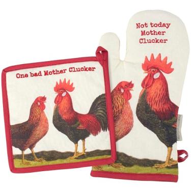 Imagem de Primitives by Kathy Conjunto de luva de forno/pegador de panela da nossa coleção Farmhouse, exibe arte vintage de galo/galo/trocadilhos temáticos de galinha One Bad Mother Clucker/Not Today Mother