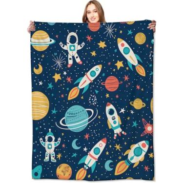 Imagem de VODRM Cobertor de aventura espacial fofo divertido foguete, astronauta e planeta, presentes de aniversário para meninas e meninos, lã macia leve para sofá, sofá, cama, viagem, decoração elegante 101,6