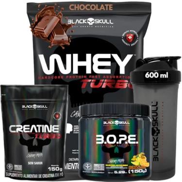 Imagem de Whey Protein Concentrado + Creatina Monohidratada 150g + Pré-Treino B.O.P.E 150g + Coqueteleira 600ml - Kit Black Skull Para Ganho de Massa e Força (Whey Chocolate + Bope Frutas Amarelas)