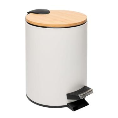 Imagem de Lixeira Redonda De Metal Com Pedal e Tampa Em Bambu 3 Litros (Branco)