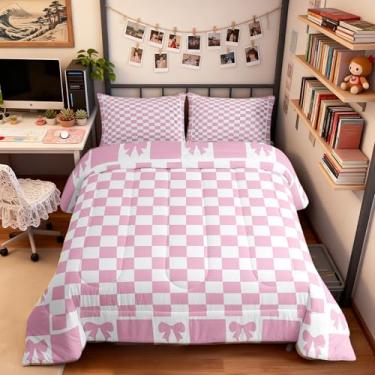 Imagem de Manfei Conjunto de edredom com estampa rosa e branca, estampa de laço rosa para crianças, xadrez geométrico, xadrez, arte simples, 3 peças, 2 fronhas