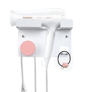 Imagem de AKLVBL Suporte para secador de cabelo montado na parede, nova atualização de perfuração ou cola sem unhas, duas maneiras de usar, suporte para secador de cabelo Susônico Dyson (branco + rosa)