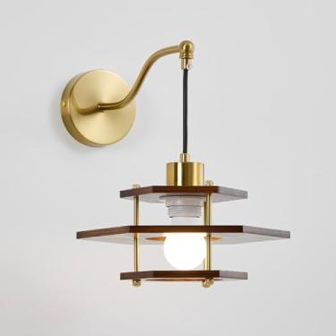 Imagem de Luminária de parede estilo gaiola de madeira estilo japonês, luminária de parede nórdica de madeira maciça, acabamento retrô em latão escovado antigo, luminária de decoração artística em mad