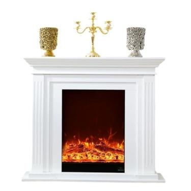 Imagem de Lareira Decorativa Lareira elétrica autônoma, lareira decorativa branca moderna com manto de carvalho, chama realista, controle remoto(Pequeno)