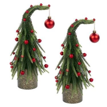 Imagem de U'Artlines 2 peças de árvore de Natal artificial pequena, 30,5 cm, peculiar, curvada, verde, miniárvore de Natal com bolas vermelhas, ornamentos para festas de fim de ano, mesa de casa, centro de mesa