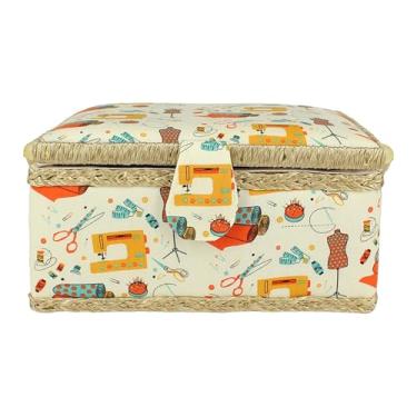 Imagem de Baoblaze Cesta de costura manual com alça de transporte 19x13x10 cm com bandeja removível, exterior de madeira e tecido, organizador de linhas versátil, Style B