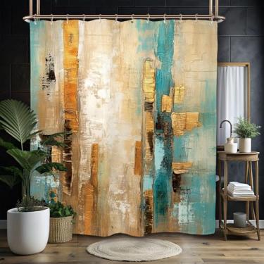 Imagem de Miyotaa Conjunto de cortina de chuveiro abstrata moderna azul-petróleo 152 cm L x 183 cm A cortina de banheiro retrô minimalista neutra estética contemporânea vintage à prova d'água com 12 ganchos