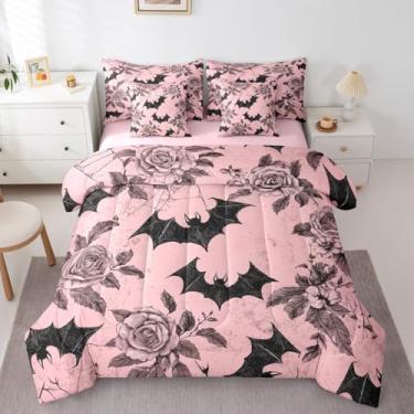 Imagem de Erosebridal Jogo de cama retrô de 7 peças, folhas de morcego, teia de aranha, floral, dia das bruxas, vida selvagem, cama em uma bolsa, gótico rosa e preto