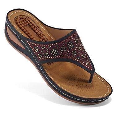 Imagem de Sandálias femininas com suporte de arco, almofada para o verão, casual, strass, sandália anabela com função de massagem, Preto, 14.5