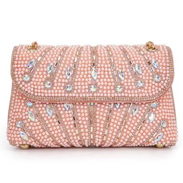 Imagem de BBTT.ful Bolsa de mão floral para noite bolsa de ombro quadrada com alça de corrente bolsa tiracolo bolsa de mão com cristais e strass, 4. Fogos de artifício: rosa