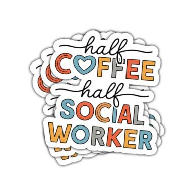 Imagem de Adesivo de vinil com citação engraçada de 3 peças, meio café, meio assistente social, para estudante de serviço social, terapeuta, conselheiro, gerente de casos, amante de café, laptop, hidroflask