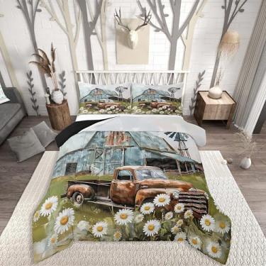 Imagem de Erosebridal Conjunto de edredom rústico rústico para decoração de casa de fazenda - azul-petróleo e camião vermelho e margarida floral (tamanho solteiro, vermelho)