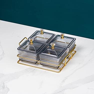 Imagem de Pratos de servir divididos de plástico com bandeja de metal, bandeja de saborear tigelas removíveis para aperitivo, molho, nozes, frutas, doces, lanches, cinza, 4 compartimentos B