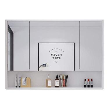 Imagem de Armário de banheiro montado na parede armário de madeira maciça com espelho armário de armazenamento de espelho de banheiro para armário de armazenamento de espelho de banheiro (cor: prata tamanho: 98