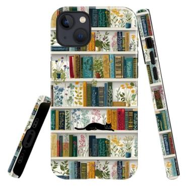 Imagem de heindiy Compatível com iPhone 13/14, capa brilhante, proteção total, à prova de choque, anti-arranhões, capa de TPU, capas para homem, mulher, prateleira de livros, plantas e gatos