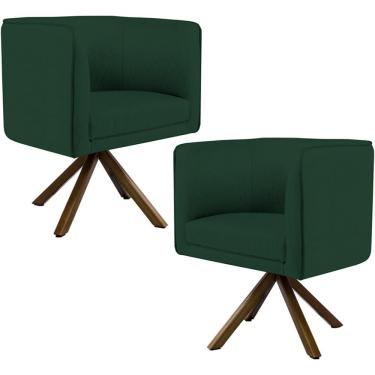 Imagem de Kit 02 Poltronas Decorativa Base Giratória Madeira Betina D02 Linho Verde Musgo C-117 - Lyam Decor